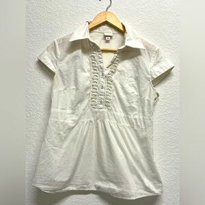 *Merona Vintage Short Sleeve White Empire Babydoll Embroidered Neck Shirt M